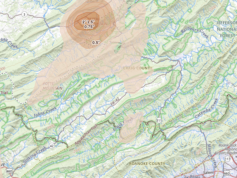 Radar-estimated hail-size map of the storm over New Castle, VA on Jul 4, 2026