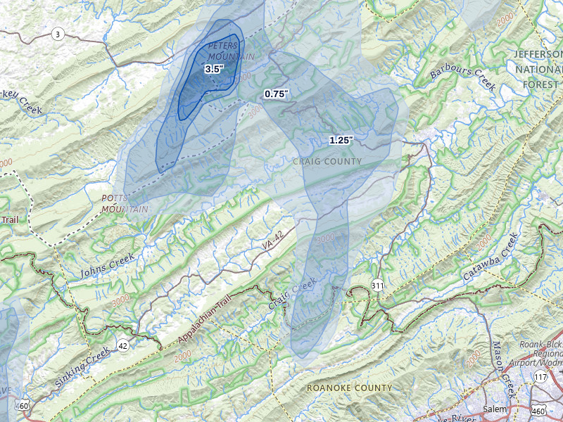 NEXRAD radar-signature map of the hail over New Castle, VA