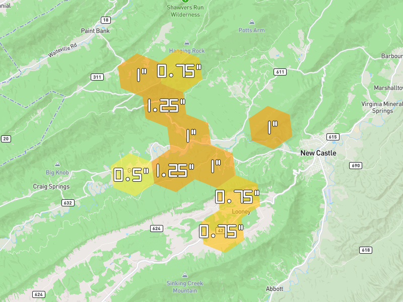 Hail map of New Castle, VA on Jul 4, 2026, hail up to 1.25"