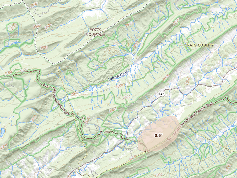 Radar-estimated hail-size map of the storm over New Castle, VA on Aug 27, 2026