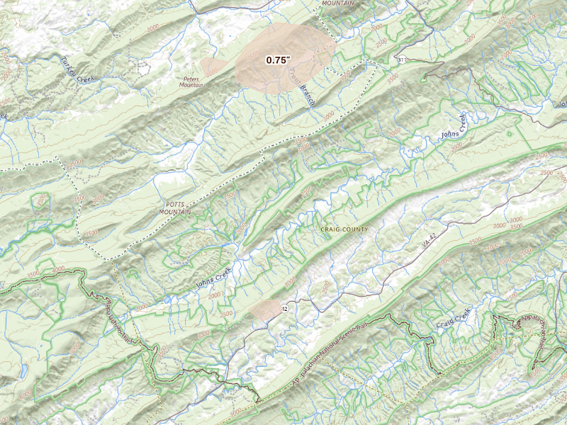 Radar-estimated hail-size map of the storm over New Castle, VA