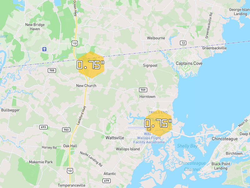 Hail map of New Church, VA on Jul 10, 2026, hail up to 0.75"