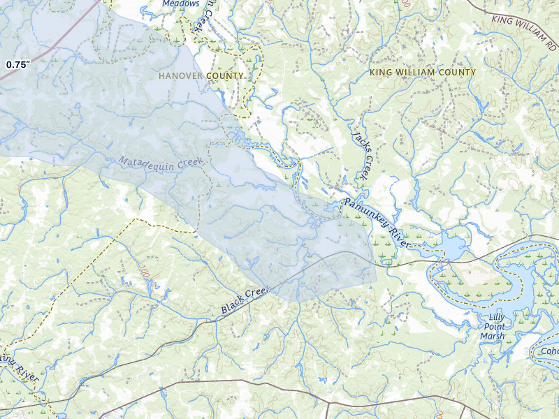 NEXRAD radar-signature map of the hail storm over New Kent, VA on Jul 28, 2026