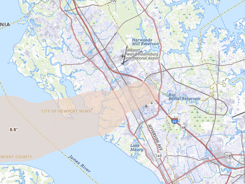 Radar-estimated hail-size map of the storm over Newport News, VA on Jun 23, 2026
