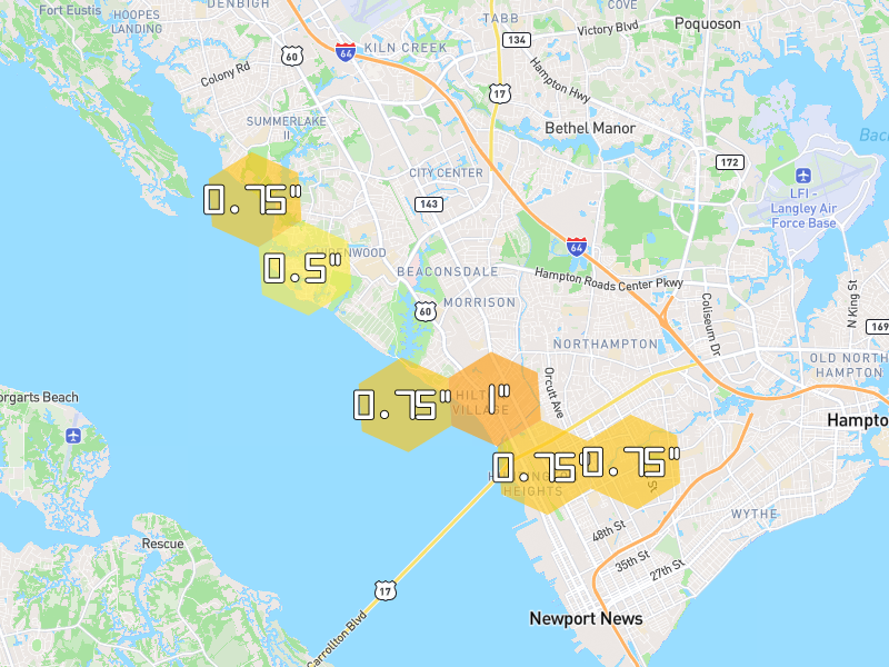 Hail map of Newport News, VA on Jul 29, 2026, hail up to 1"