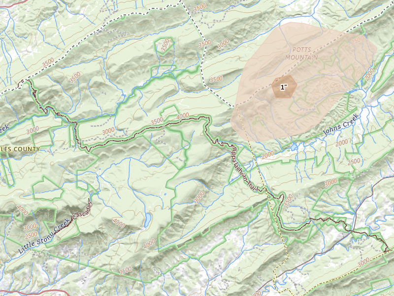 Radar-estimated hail-size map of the storm over Newport, VA on Apr 1, 2026