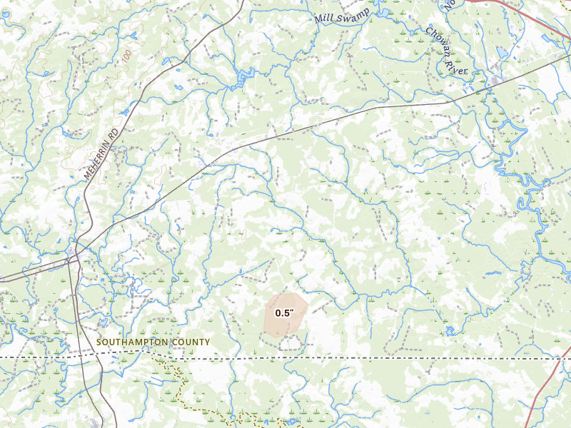 Radar-estimated hail-size map of the storm over Newsoms, VA on Jun 22, 2026