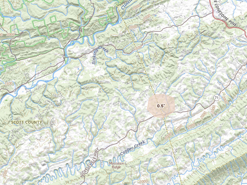 Radar-estimated hail-size map of the storm over Nickelsville, VA on Aug 15, 2026