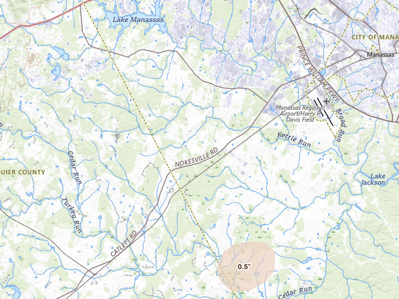 Radar-estimated hail-size map of the storm over Nokesville, VA on Jul 4, 2026