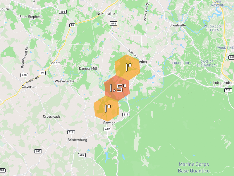 Hail map of Nokesville, VA on Jul 4, 2026, hail up to 1.5"
