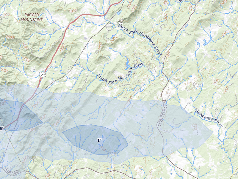 NEXRAD radar-signature map of the hail over North Garden, VA