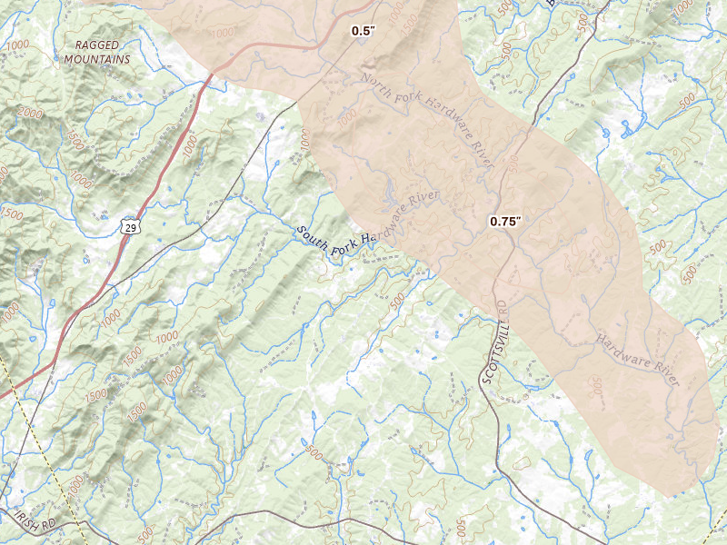 Radar-estimated hail-size map of the storm over North Garden, VA on Aug 16, 2026
