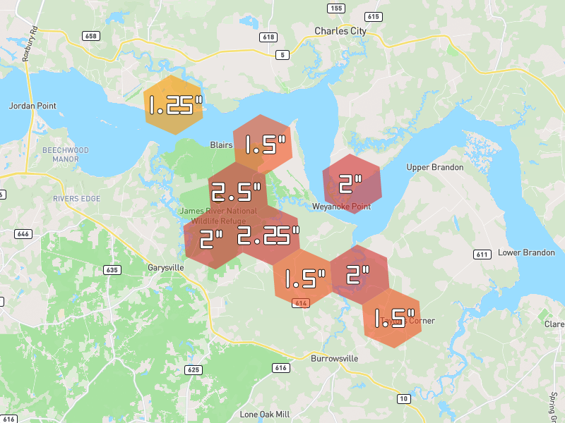 Hail map of North Prince George, VA on Jul 28, 2026, hail up to 2.5"