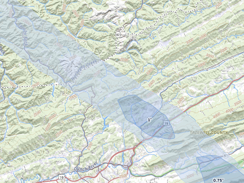 NEXRAD radar-signature map of the hail storm over North Tazewell, VA on Jul 28, 2026