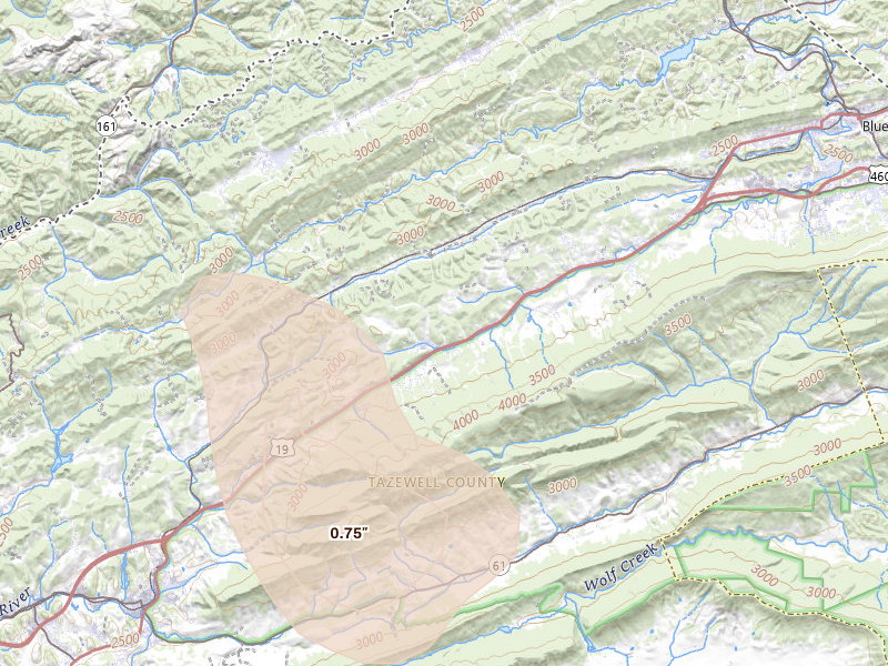 Radar-estimated hail-size map of the storm over North Tazewell, VA on Sep 4, 2026