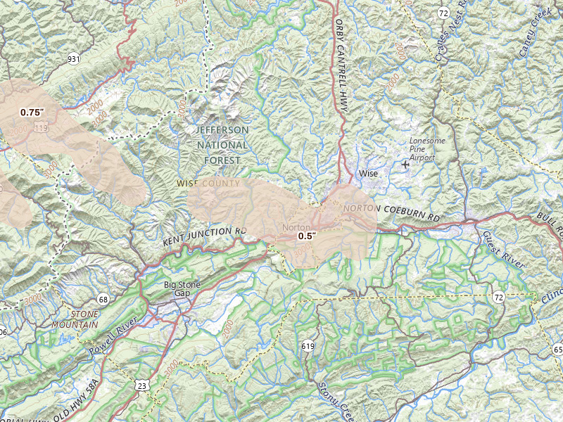Radar-estimated hail-size map of the storm over Norton, VA on Sep 5, 2026