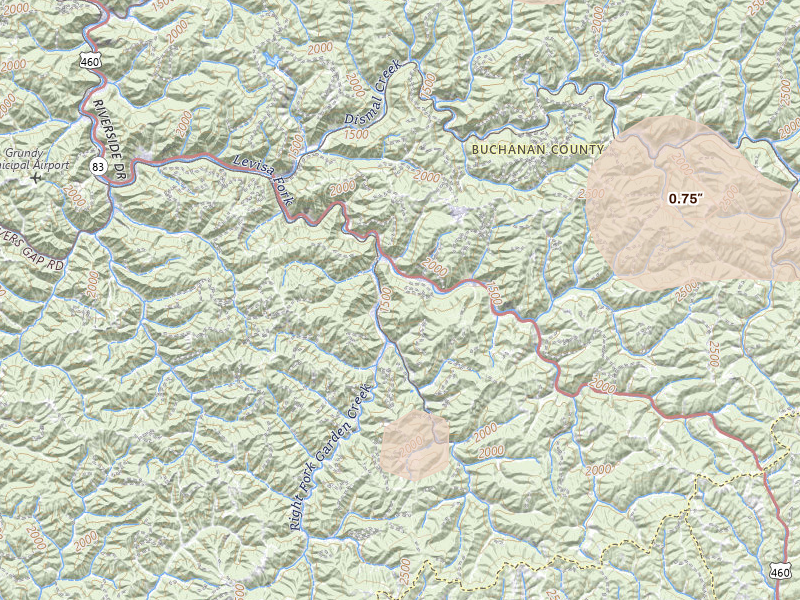 Radar-estimated hail-size map of the storm over Oakwood, VA on Aug 11, 2026