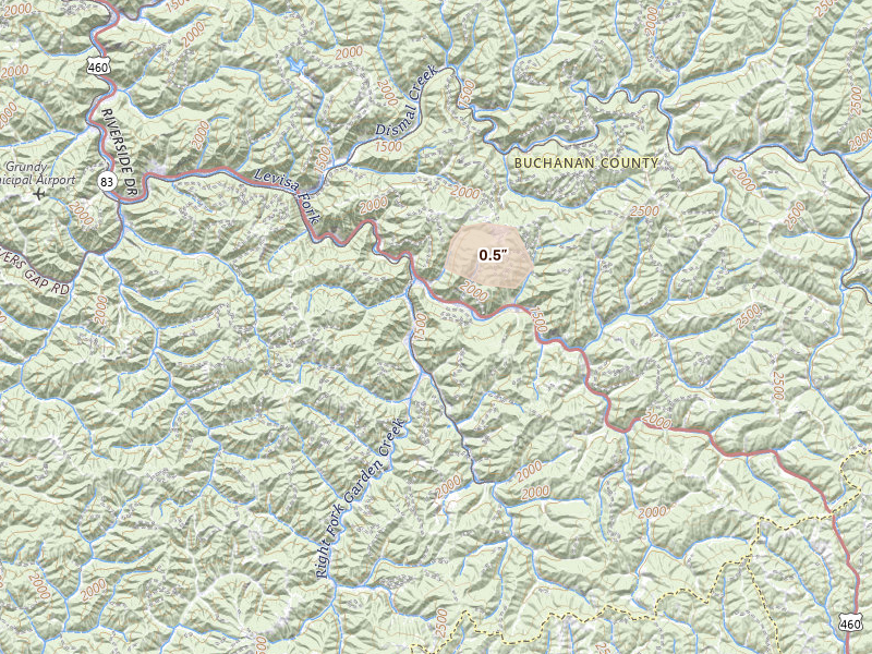 Radar-estimated hail-size map of the storm over Oakwood, VA on Sep 4, 2026