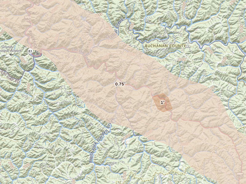 Radar-estimated hail-size map of the storm over Oakwood, VA on Sep 5, 2026