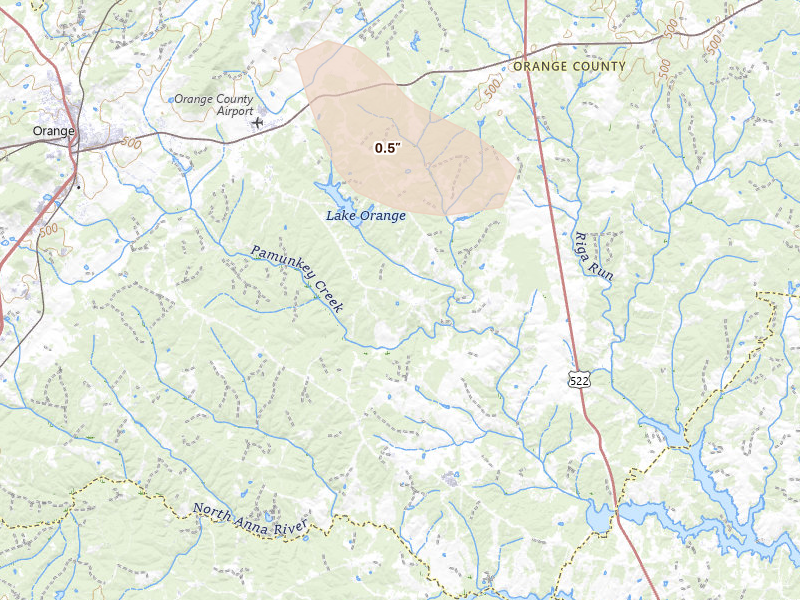 Radar-estimated hail-size map of the storm over Orange, VA on Jun 11, 2026