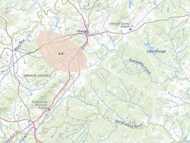 Radar-estimated hail-size map of the storm over Orange, VA on Aug 10, 2026