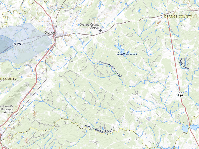 NEXRAD radar-signature map of the hail storm over Orange, VA on Aug 10, 2026