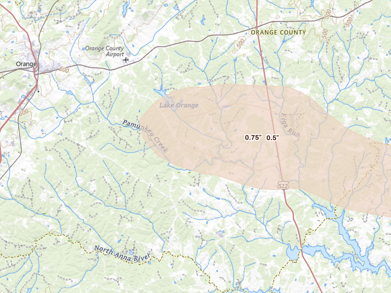 Radar-estimated hail-size map of the storm over Orange, VA on Aug 22, 2026