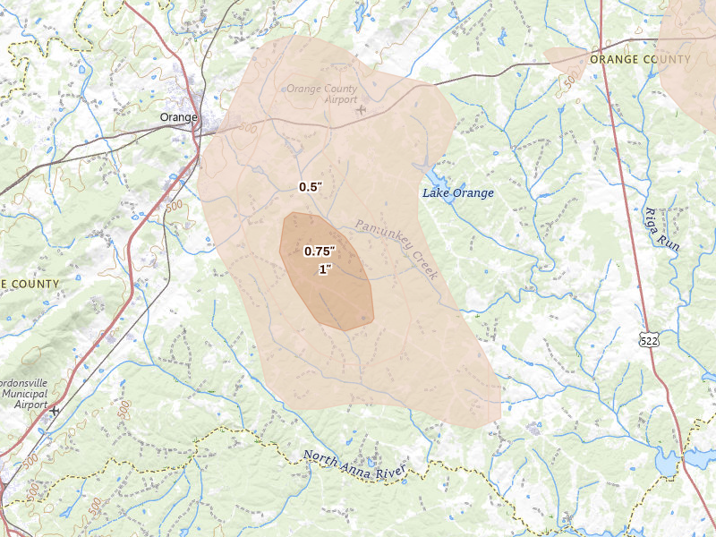 Radar-estimated hail-size map of the storm over Orange, VA on Sep 2, 2026