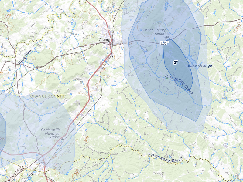 NEXRAD radar-signature map of the hail storm over Orange, VA on Sep 2, 2026