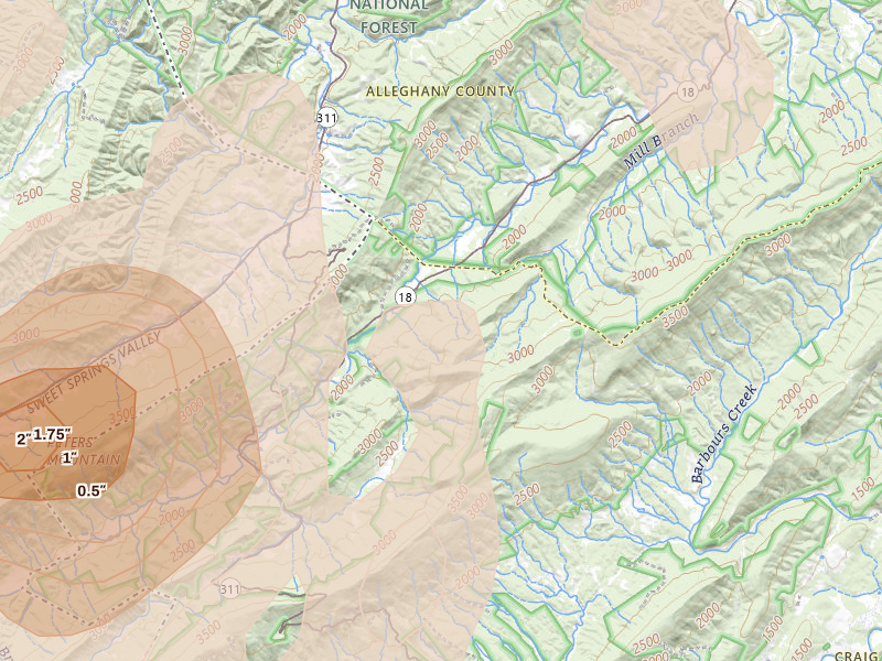 Radar-estimated hail-size map of the storm over Paint Bank, VA on Jul 4, 2026