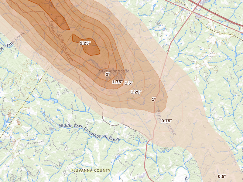 Radar-estimated hail-size map of the storm over Palmyra, VA on Aug 14, 2026