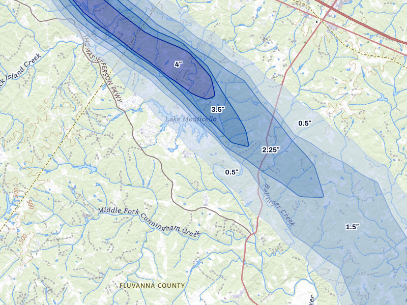 NEXRAD radar-signature map of the hail storm over Palmyra, VA on Aug 14, 2026