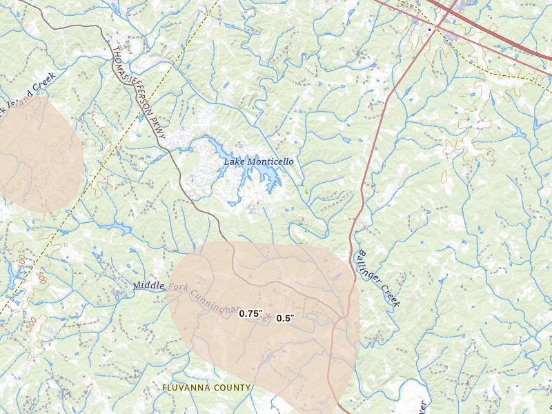 Radar-estimated hail-size map of the storm over Palmyra, VA on Sep 2, 2026
