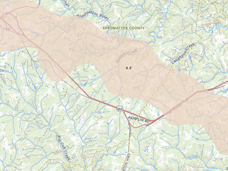 Radar-estimated hail-size map of the storm over Pamplin, VA on May 27, 2026