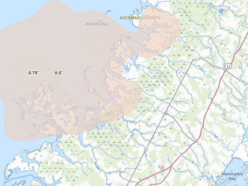 Radar-estimated hail-size map of the storm over Parksley, VA
