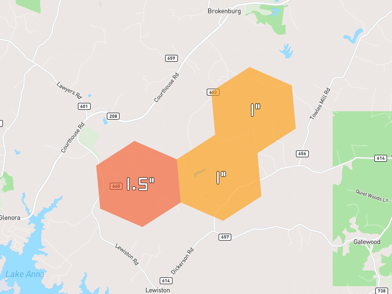 Hail map of Partlow, VA on Jul 4, 2026, hail up to 1.5"