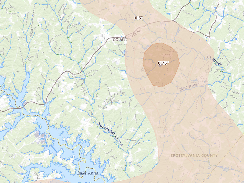 Radar-estimated hail-size map of the storm over Partlow, VA on Jul 26, 2026