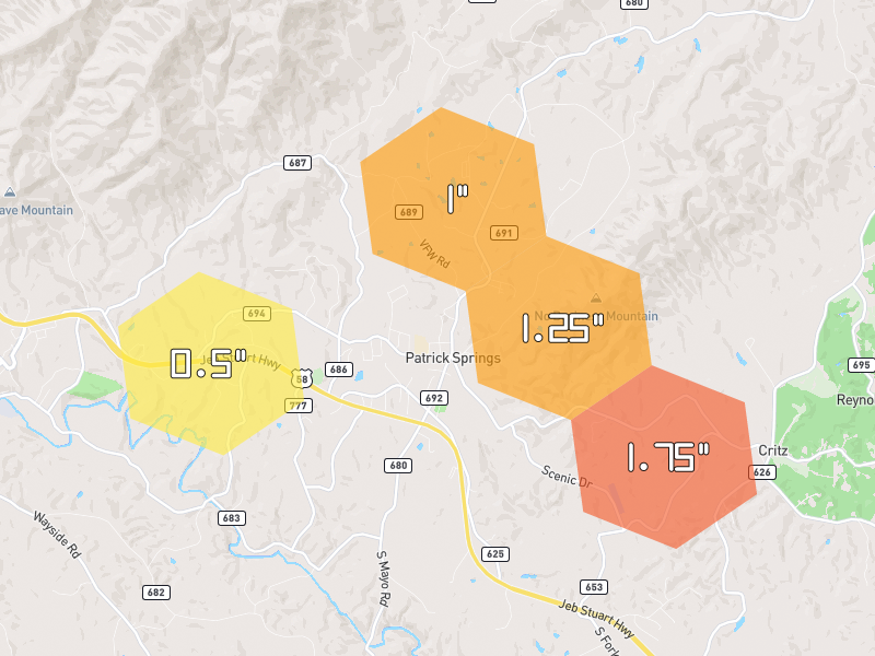 Hail map of Patrick Springs, VA on Jul 28, 2026, hail up to 1.75"