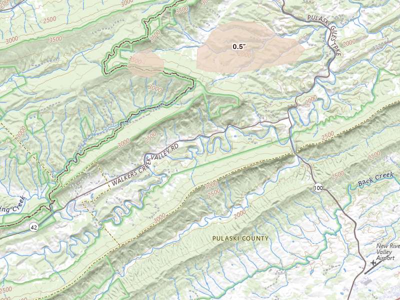 Radar-estimated hail-size map of the storm over Pearisburg, VA on Jun 12, 2026