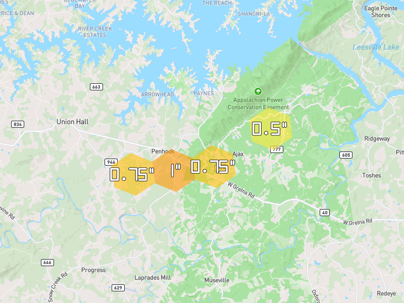 Hail map of Penhook, VA on Jul 10, 2026, hail up to 1"