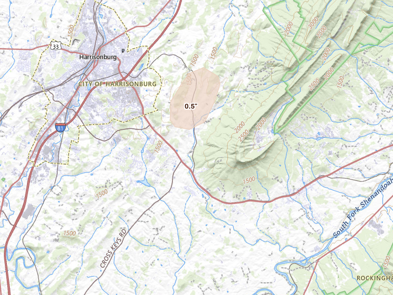 Radar-estimated hail-size map of the storm over Penn Laird, VA on Jul 5, 2026