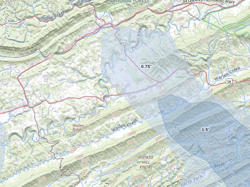 NEXRAD radar-signature map of the hail over Pennington Gap, VA