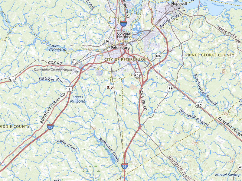 Radar-estimated hail-size map of the storm over Petersburg, VA on Jul 21, 2026