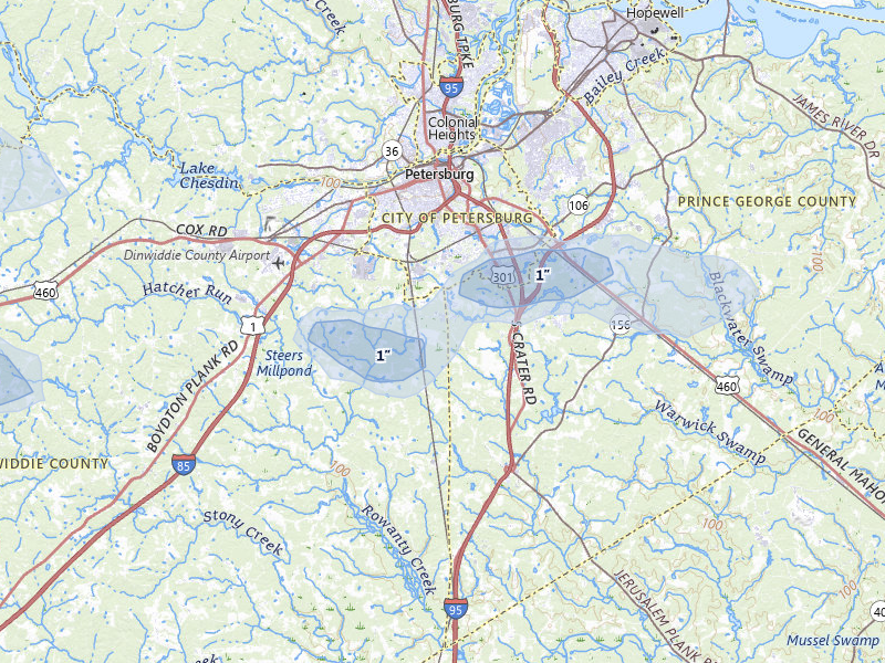 NEXRAD radar-signature map of the hail over Petersburg, VA