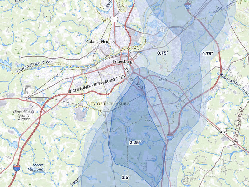 NEXRAD radar-signature map of the hail storm over Petersburg, VA on Sep 2, 2026