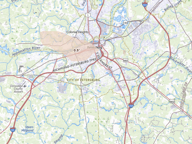Radar-estimated hail-size map of the storm over Petersburg, VA on Sep 4, 2026