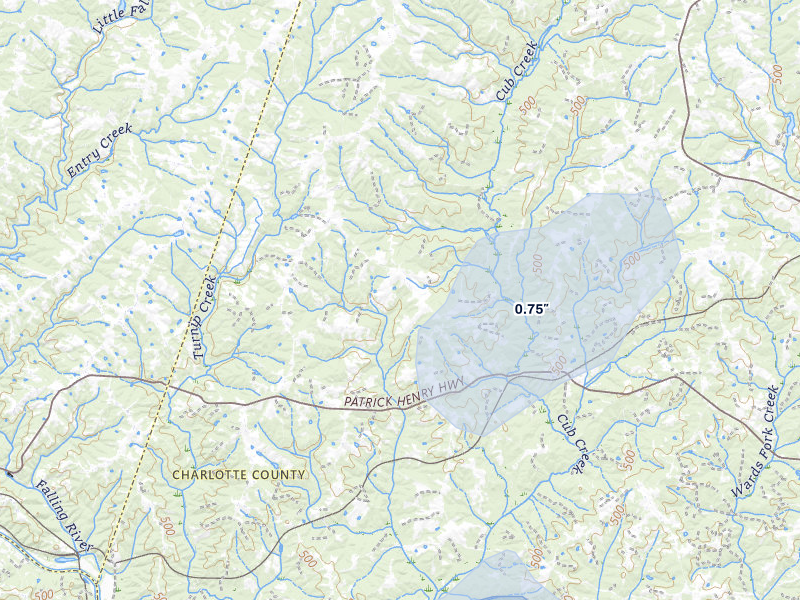 NEXRAD radar-signature map of the hail storm over Phenix, VA on Jul 4, 2026