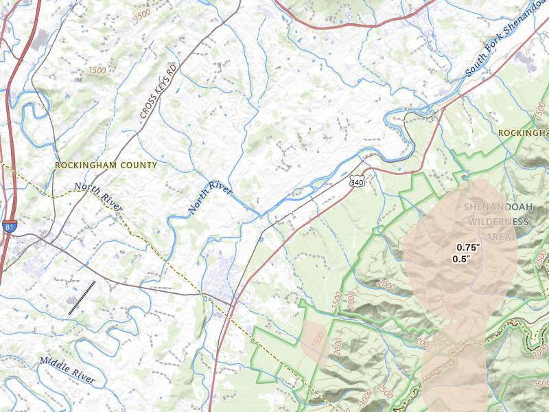 Radar-estimated hail-size map of the storm over Port Republic, VA on Jul 4, 2026