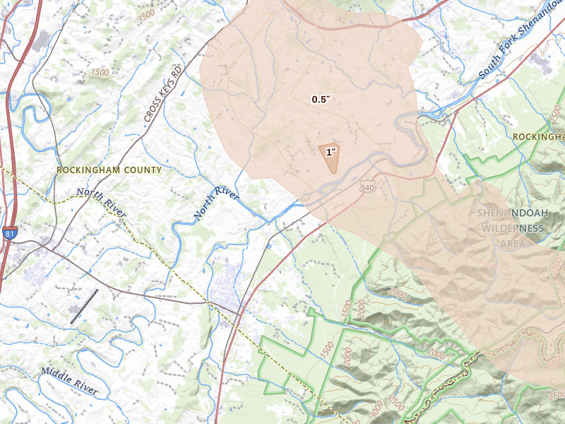 Radar-estimated hail-size map of the storm over Port Republic, VA on Aug 14, 2026