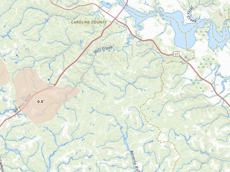 Radar-estimated hail-size map of the storm over Port Royal, VA on Jul 5, 2026